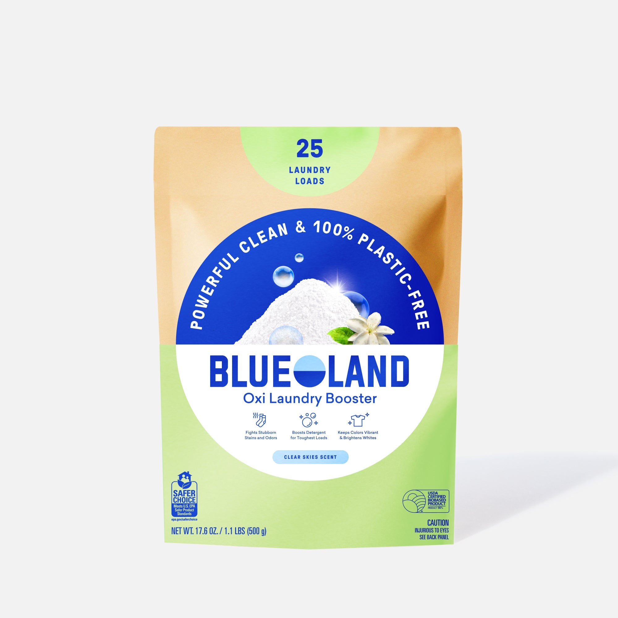 A package of Blueland Oxi Laundry Booster with a blue and green design, labeled “25 laundry loads” and “100% plastic-free.” The front shows a scoop of powder and bubbles, emphasizing it is for clean, eco-friendly laundry.