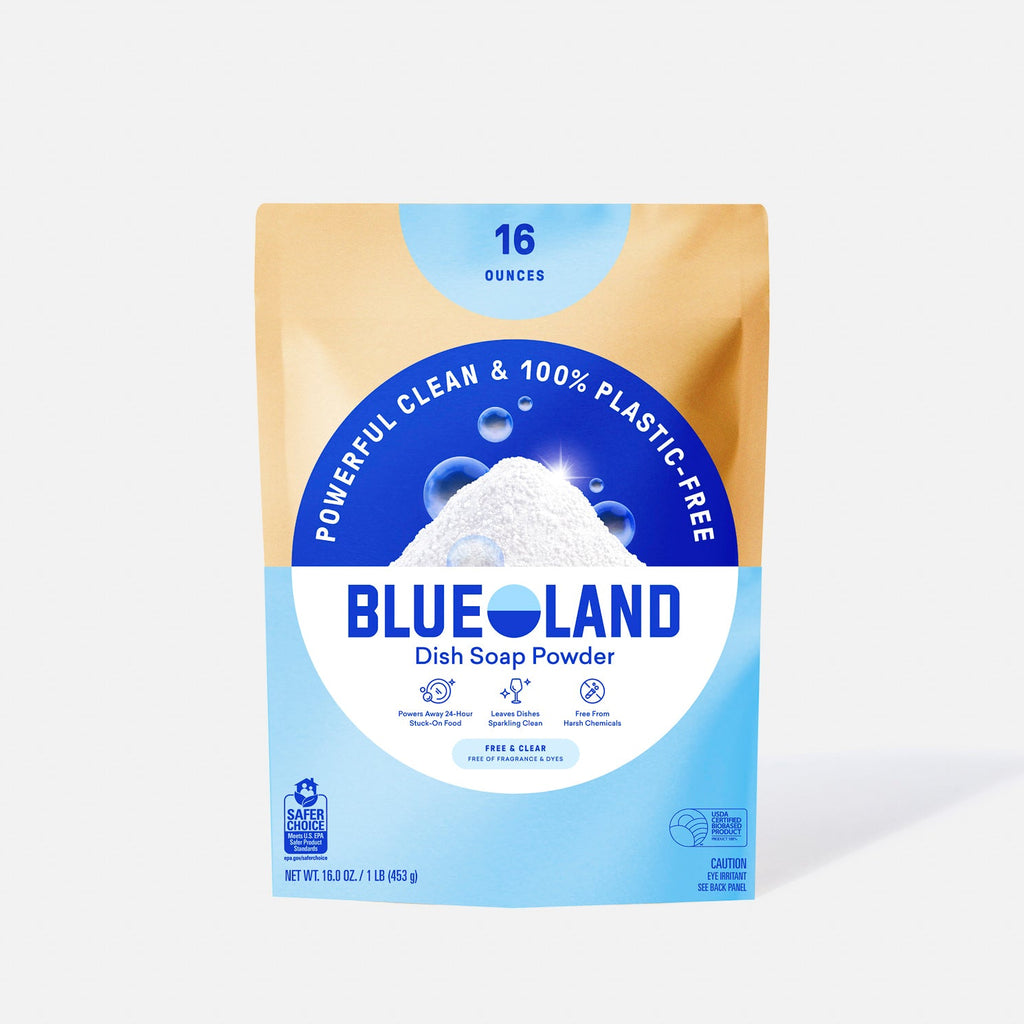 A 16-ounce bag of Blueland Dish Soap Powder Refills with a blue and tan design labeled "Powerful Clean & 100% Plastic-Free." This eco-friendly, zero waste dish soap shows a pile of white powder on the packaging.