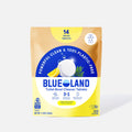 A brown and yellow pouch labeled “Blueland Toilet Bowl Cleaner Tablets.” The package claims it is 100% plastic-free, contains 14 tablets, and has a lemon clean scent. A sliced lemon and bubbles are pictured on the front.