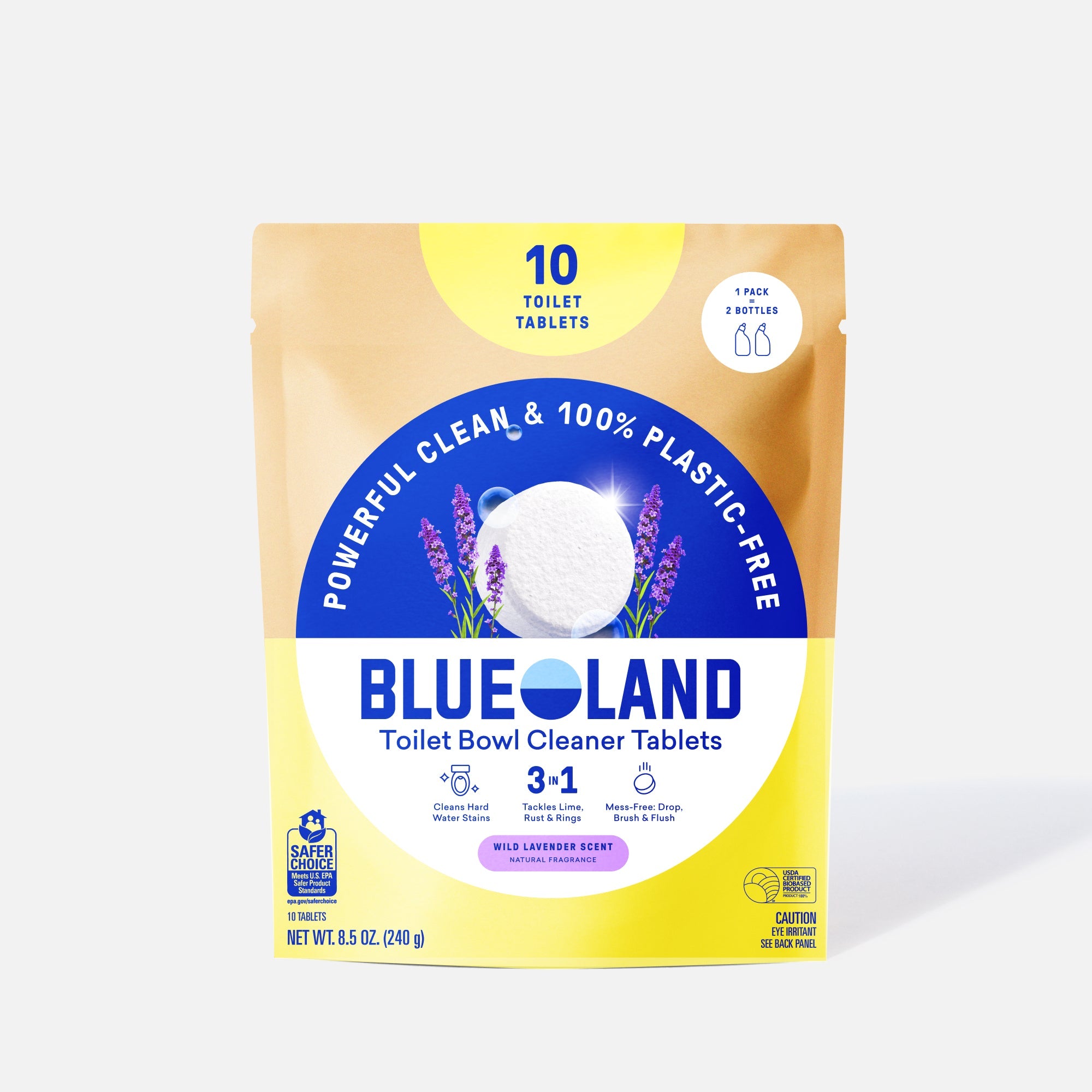 A package of Toilet Bowl Cleaner Tablet Refills with a blue, white, and yellow design featuring lavender illustrations. The label highlights Powerful Clean & 100% Plastic-Free—an eco-friendly toilet cleaner with a wild lavender scent.