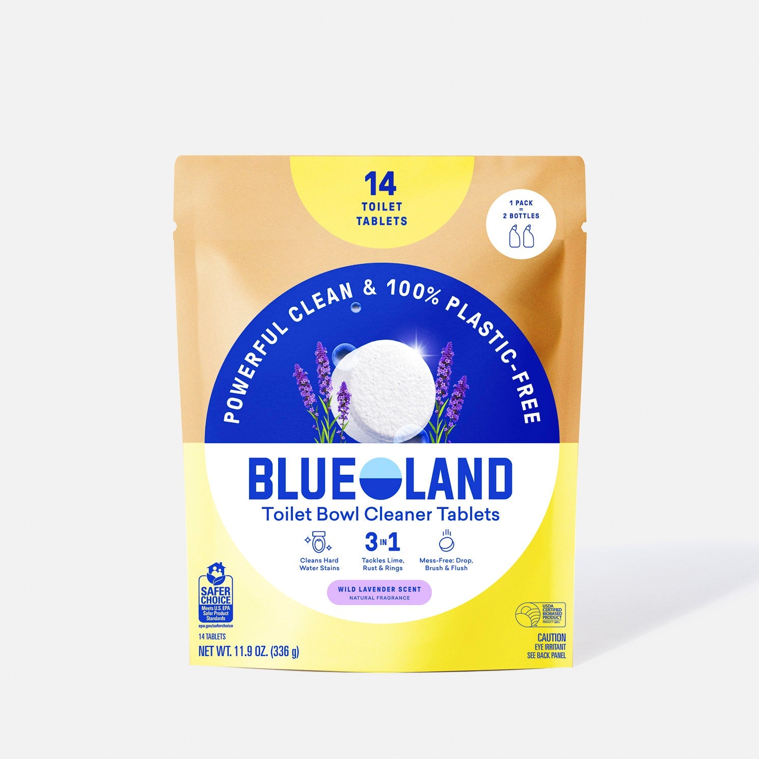 A package of Blueland Toilet Bowl Cleaner Tablets featuring a blue and yellow design, lavender illustrations, and text highlighting “3-in-1” cleaning and “100% plastic-free.” The pack contains 14 tablets.