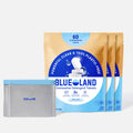 A blue tin container labeled “Blueland Dishwasher Tablets” is open, with white tablets visible inside. Behind it are three refill packages labeled “Blueland Dishwasher Detergent Tablets” for 60 dishwasher loads.