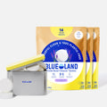 Three yellow refill packs of Blueland Toilet Bowl Cleaner Tablets are shown behind a light purple tin container with the Blueland logo. Several round white tablets are inside and beside the open container.