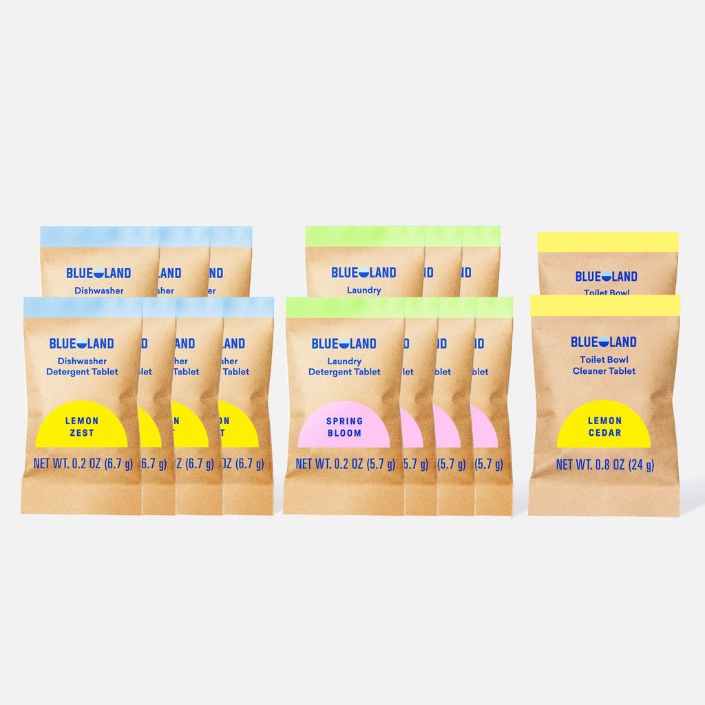 The Variety Sample Pack displays four sets of BlueLand refill packets for dishwasher, laundry (zest and bloom), and toilet bowl, each in color-coded minimalist packs with clean ingredients and microplastic-free tablets.
