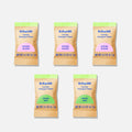 Five Laundry Detergent Sample Pack (5 Tablets) packets are arranged on a white background.